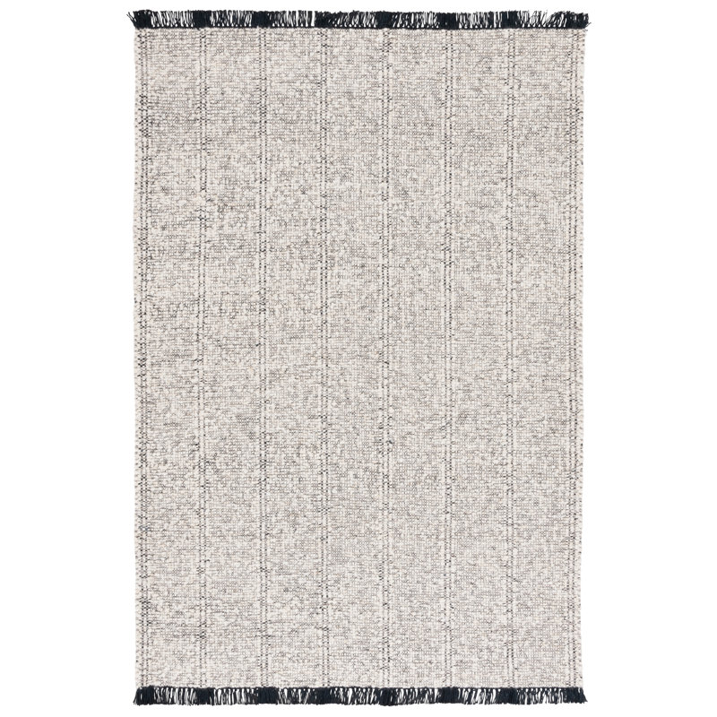 Manhattan 676 Hand Woven Wool/Cotton Striped Rug in Ivory/Black, Rectangle 4' x 6'