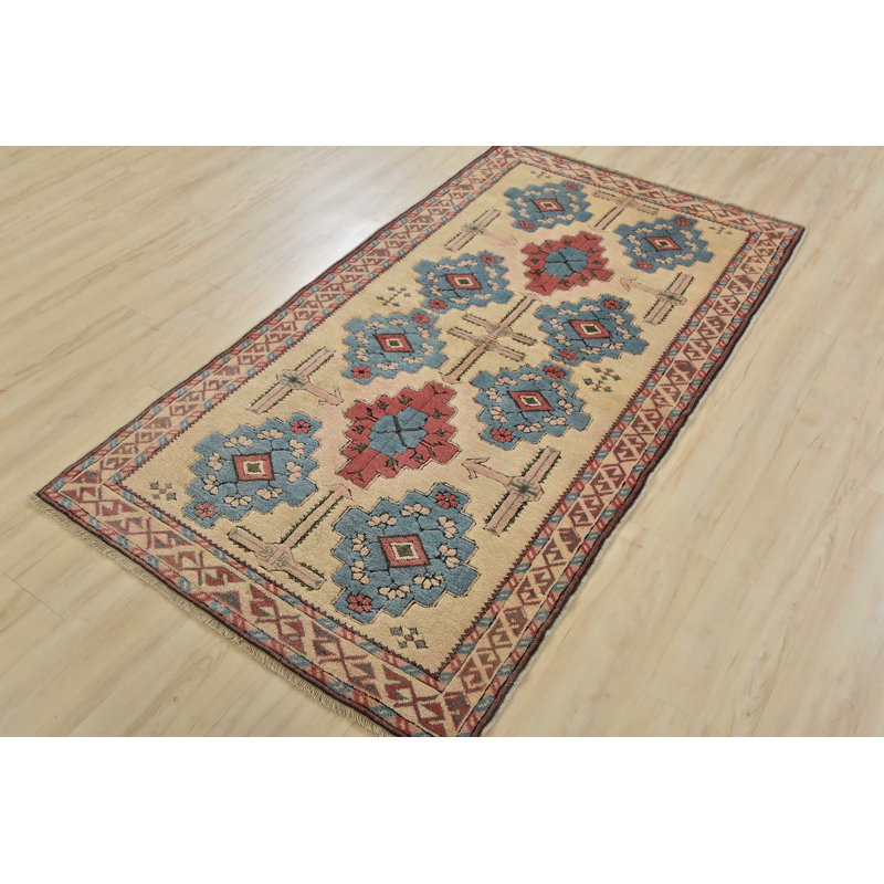 Tapis beige / bleu en laine noué à la main de conception unique 3 pi 5 po x 6 pi 3 po Angeville