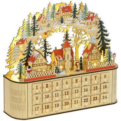 Table de Noël en bois avec décoration de Noël et calendrier des fêtes avec 24 tiroirs à rebours et lumières DEL