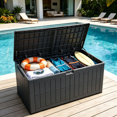 Edrosie Inc 140 Gallon Water Resistant Lockable Deck Box with Lock,  Dark Gray