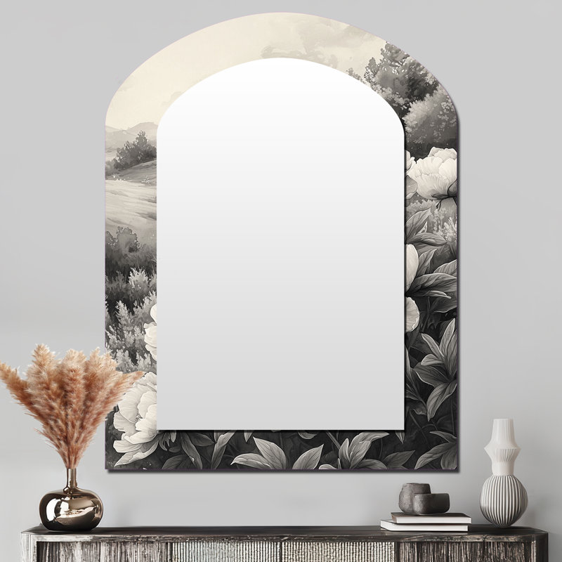 Mono pivoines et le moulin à vent I - miroir de forme irrégulière pivoines, miroir mural asymétrique gris unique, impression d'art en métal