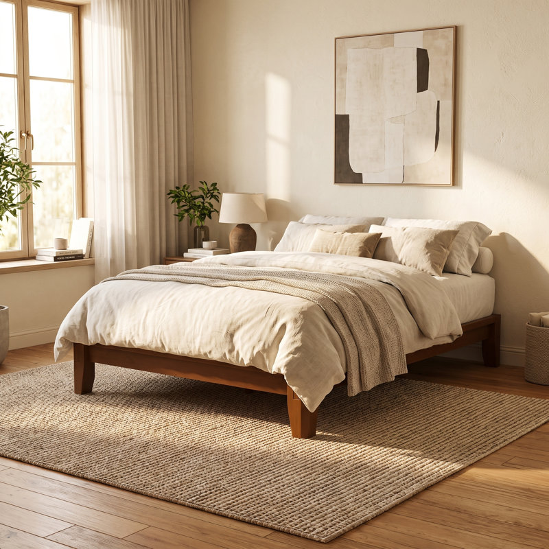 Structure de lit avec joint de plancher, lit plateforme 100% bois de bambou massif avec 12 lattes de bois et espace de rangement sous le lit de 6,89 po, cadre de lit de style minimaliste japonais pour la chambre à coucher