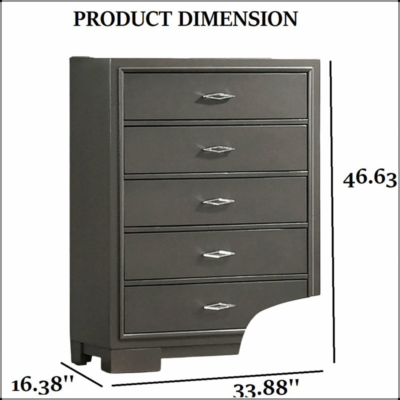 Commode contemporaine à 5 tiroirs avec poignées en acrylique et finition gris métallique pour les chambres à coucher modernes