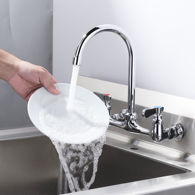 Wall Mount Commercial Standard Kitchen Faucet With Double-Handle And Swivel Spout In Polished Chrome