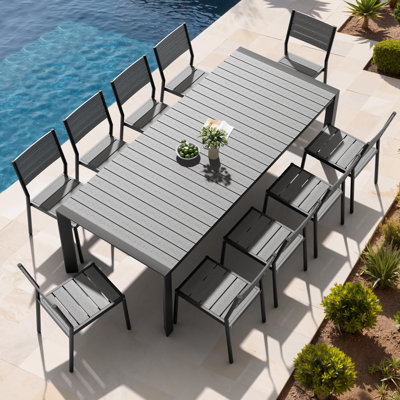 10 - Person 95‘’ W X 40'' D Aluminum Patio Dining Set With Umbrella Hole And Stackable Chairs