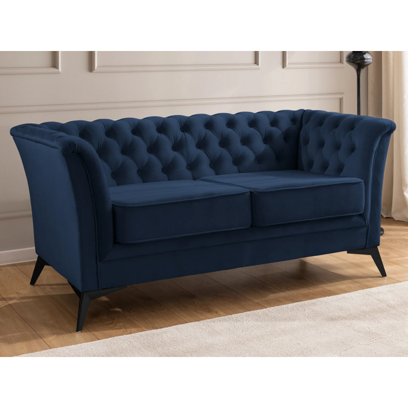 Whitby 2 Seater Velvet Loveseat, Navy Blue, Black