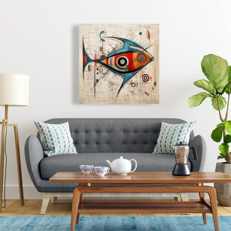 Toile abstraite poisson | Décoration bleue animaux aquatiques