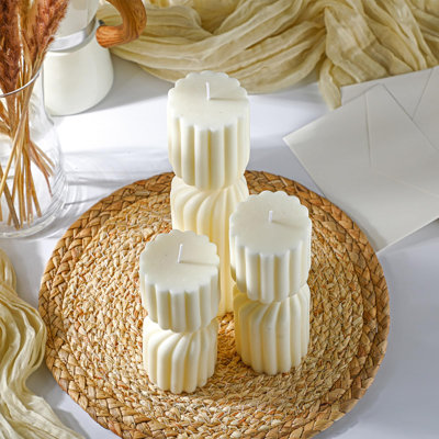 White Ribbed Pillar Candles Set of 3, Handmade Scented Soy Wax Candles, 2.4" x 5.5"/7"/9", Aesthetic Decorative Candles for Home Decor & Housewarming Gift