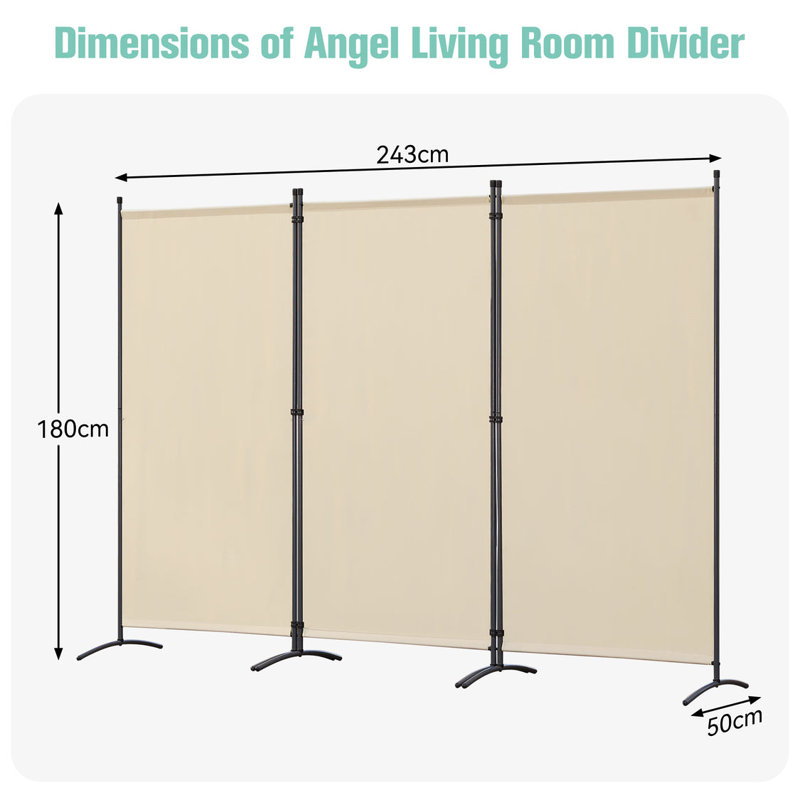 243cm W x 180cm H 3 - Panel Metal Folding Room Divider, Beige