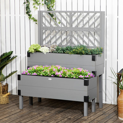 Lit de jardin surélevé pratique avec treillis, bac à fleurs surélevé en bois à 2 niveaux avec pieds