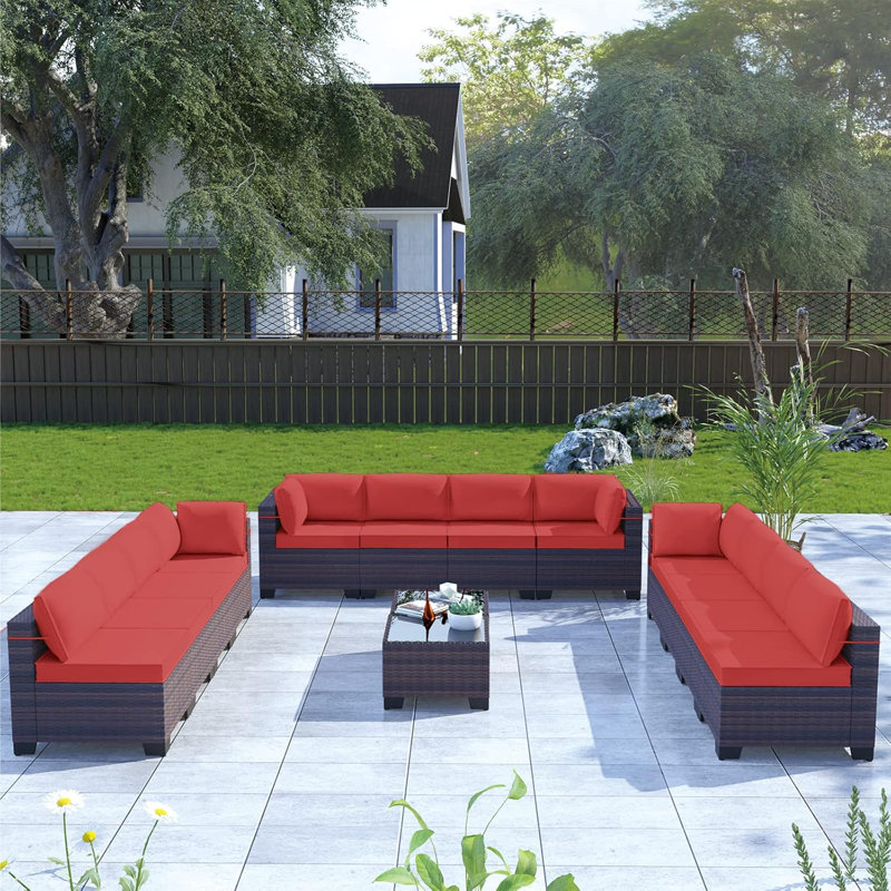 Demaio 14-Piece Rattan Sectional Seating Group With Cushions Modular Outdoor Furniture Set For Patio Garden And Poolside, Red