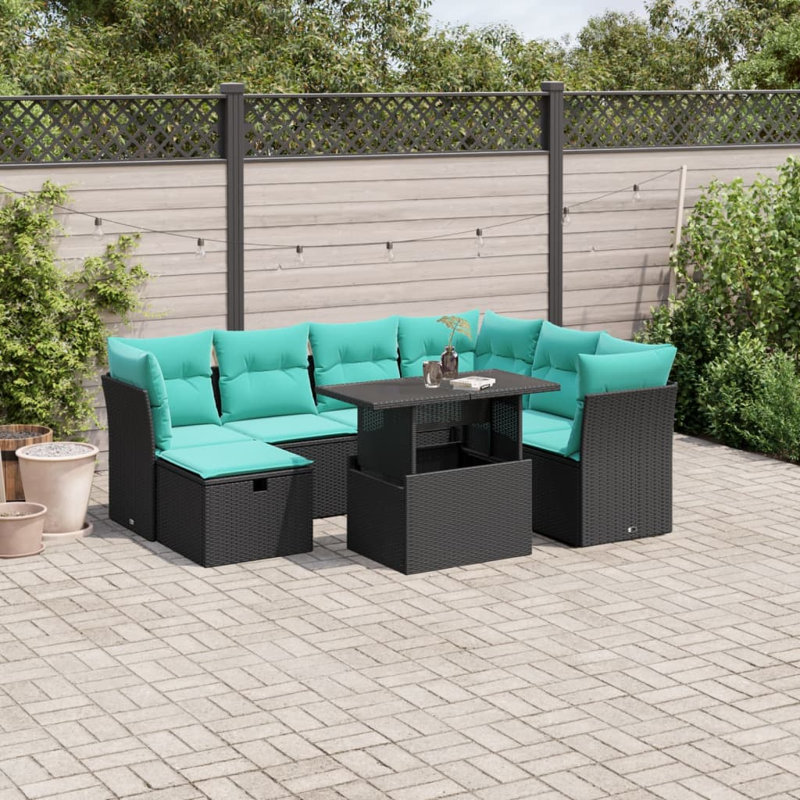  8 Piece Patio Sofa Set With Cushions Poly Rattan, Black, Green