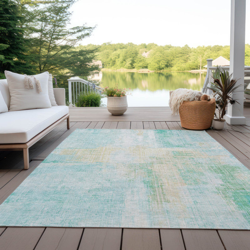 Machine Washable Indoor/Outdoor Xhevrie Teal Rug, Rectangle 9' x 12'