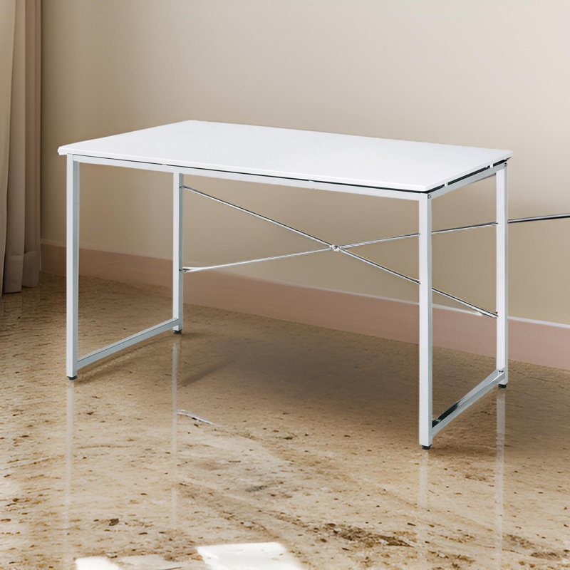 Bureau d'écriture avec barre transversale en X et finition chromée, blanc, Blanc