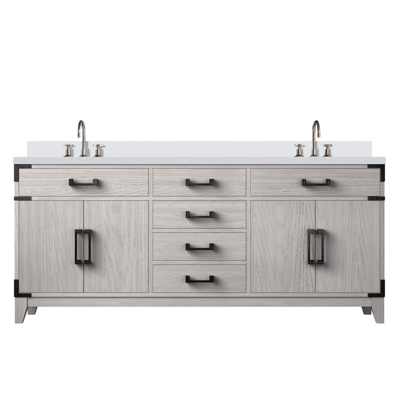 Meuble-lavabo double en chêne blanc 72 po X P 22 po D, dessus en quartz blanc et ensemble de robinet