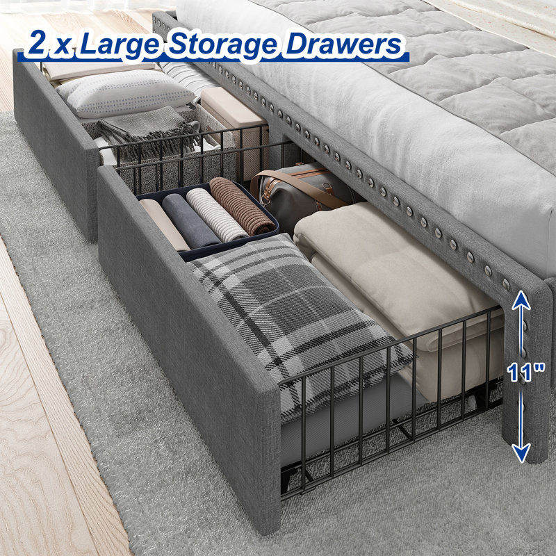 Francille Upholstered Bed Frame with Headboard，Storage Bed with 2 Drawers, King, Gray