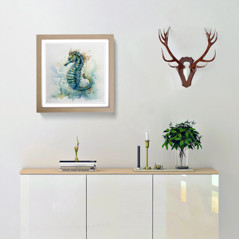 Seahorse Watercolour Framed Print, Oak