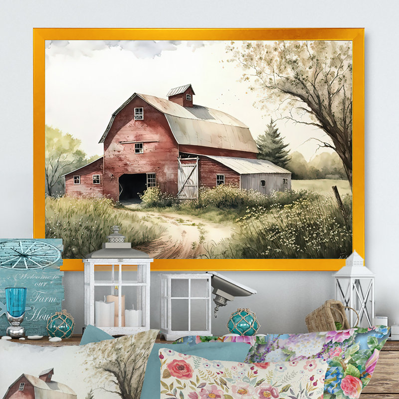 Pittoresque chemin sinueux et grange III - art mural sur toile de campagne / campagne, H 16 po x l 32 po x P 1 po