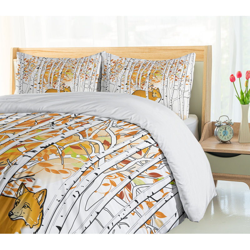 Queen Orange White Black Fox Hunting Duvet Cover Set