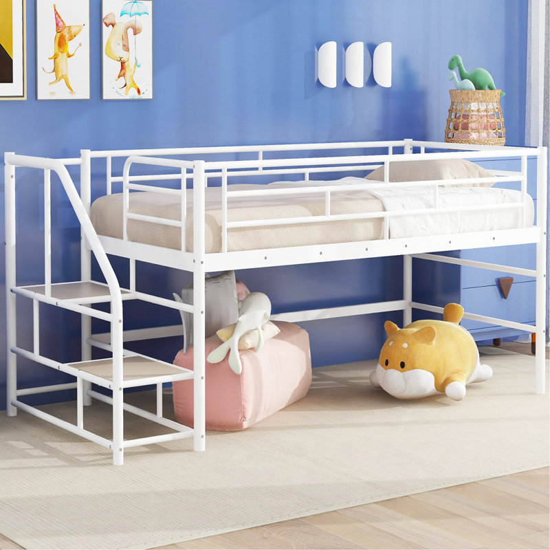 Lit mezzanine moyen avec escalier de rangement, simple, blanc
