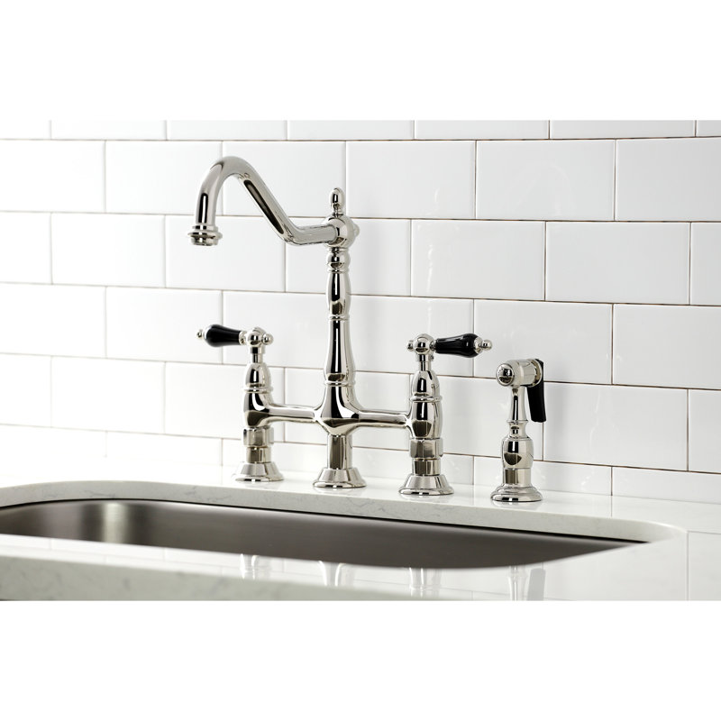 Kingston Brass Duchess Two-Handle 4-Hole Deck Mount Bridge Kitchen Faucet with Brass Side Sprayer, Polished Nickel
