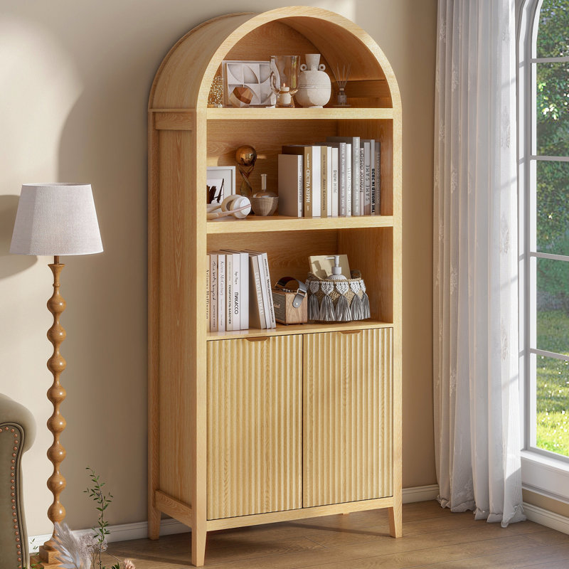 Arched Bookcase with 5 Shelves, 71" Tall Bookshelf with Door, Natural, Nature