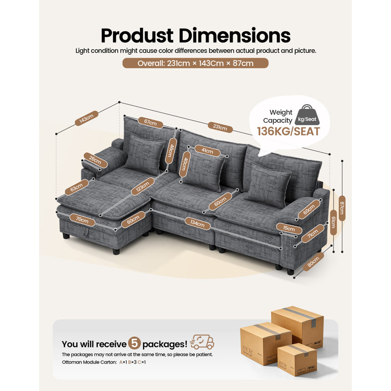 Sofa, 87 cm H x 231 cm W x 80 cm D
