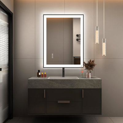Miroir de salle de bain à DEL 28 po x 20 po, éclairage avant et rétroéclairé, brouillard, 3 couleurs à intensité variable, verre trempé, éclat, performance avant et rétroéclairé, rappel de luminosité intelligente