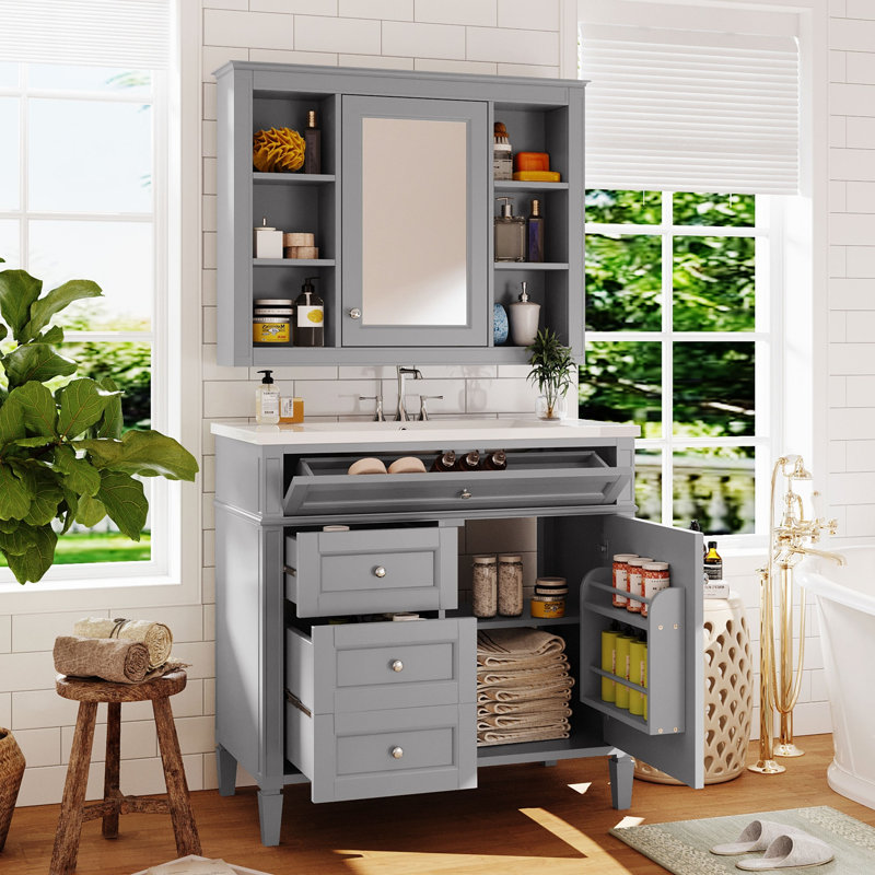 Ensemble de meuble-lavabo simple 36 po avec plateau en résine et miroir Davianna, Gris, Argent
