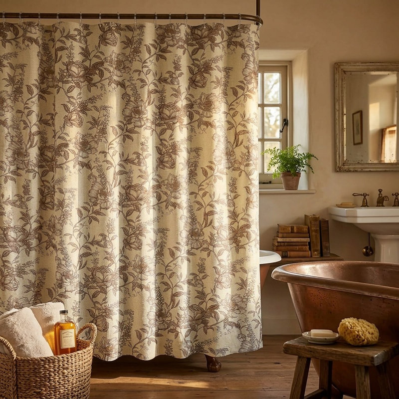 Rideau de douche vintage en tissu avec 12 crochets, lin, Floral brun