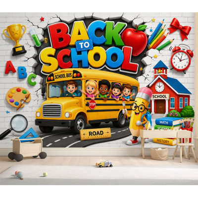Wall Mural Peel and Stick Wallpaper Back to School School Bus Classroom Supplies Self-Adhesive Removable Contact Paper Wall Decor for Living Room Bedroom 69"H x 96"W