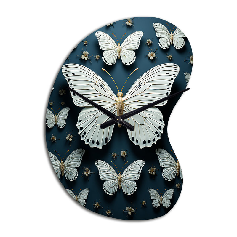 Papillon blanc noir avec ailes flottantes - papillons - horloges asymétriques en métal, horloge murale blanche de forme irrégulière