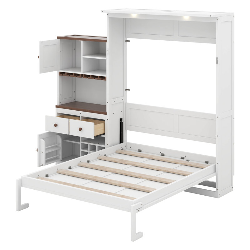 Grand lit escamotable avec armoire de rangement, support à vin, porte-verre, tiroirs, lit plateforme pliable avec bande DEL