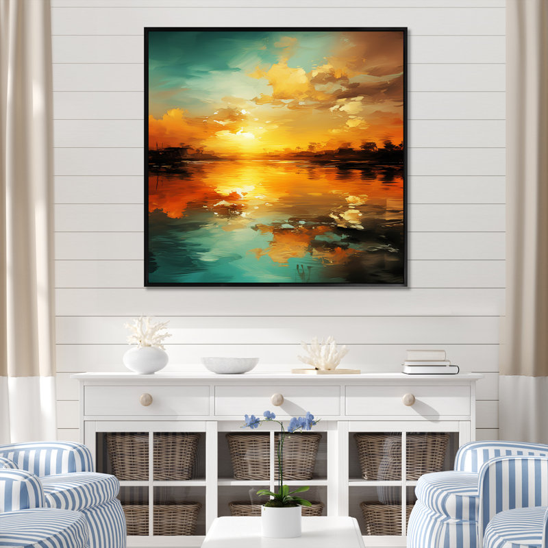 «Golden Beach Horizon - Coastal Sunset», art mural, Cadre photo blanc, H 16 po x l 16 po