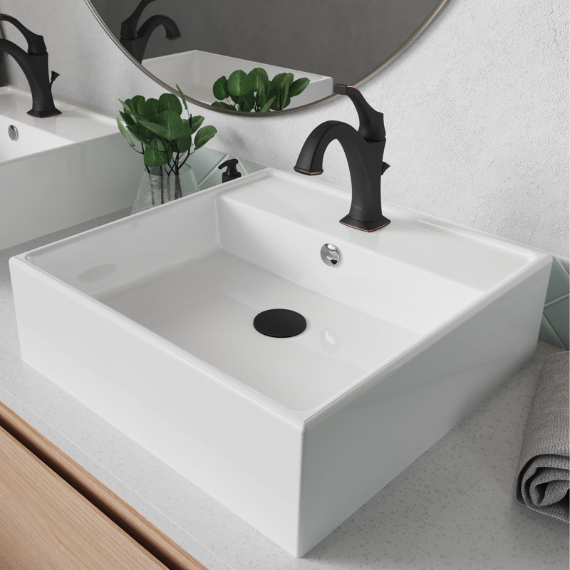 Elavo Ceramic Square Vessel Bathroom Sink with Faucet and Overflow, Matte Black