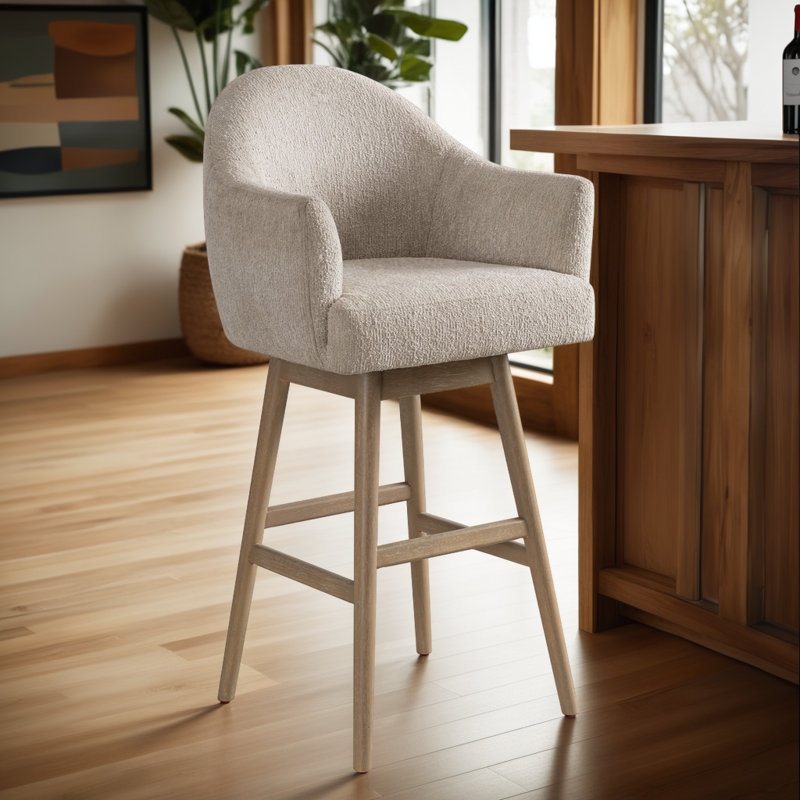 Tabouret de bar pivotant rembourré en bois massif avec siège en tissu Wasserman, Bois délavé, 1