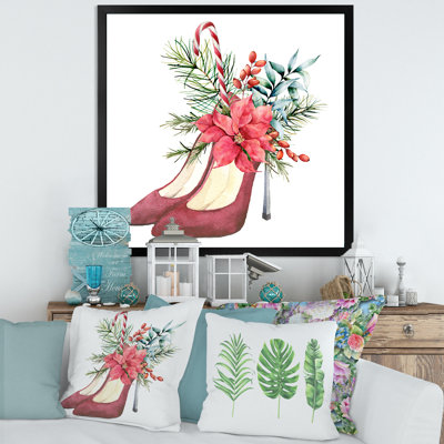 " Red Suede Heeled Shoes With Christmas Floral Decor " Painting Print