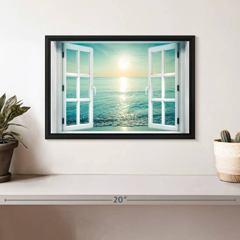 Fenêtre sur le paysage marin, Cadre flottant noir, 13 po x 9 po