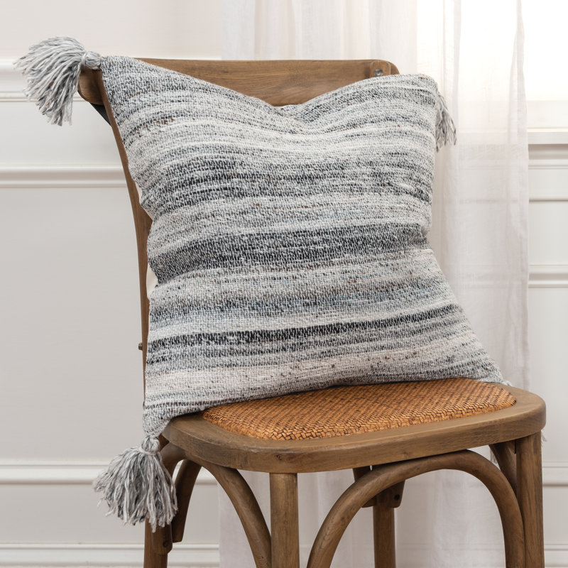 20" Gray and Charcoal Striped Tassel Throw Pillow