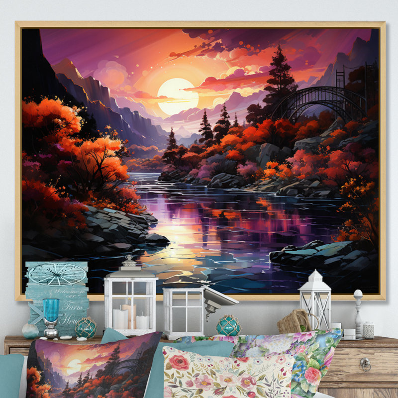 Reproduction d'art sur toile, "Pink Bridge Twilight Passage I", Cadre flottant brun, H 30 po x l 40 po x P 1,5 po