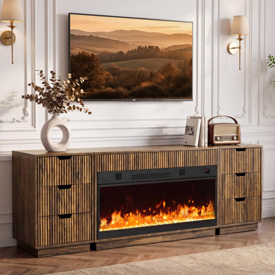 Meuble télé cannelé avec foyer électrique, console multimédia de 180 cm avec haut-parleur Bluetooth, 13 couleurs de flamme et télécommande, tiroirs de rangement pour téléviseurs jusqu'à 203 cm, brun rustique