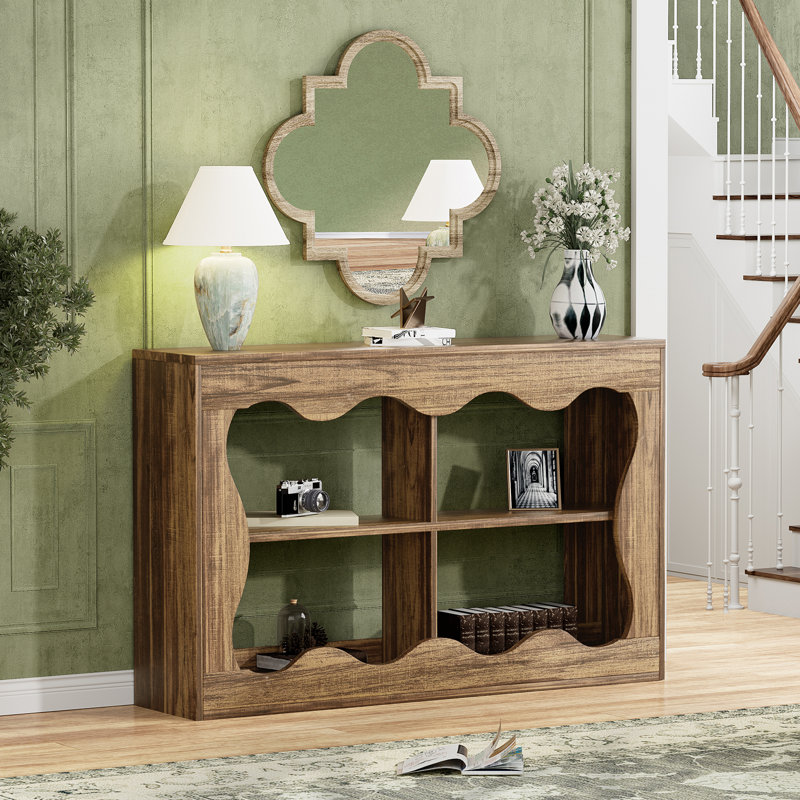40-Inch Farmhouse Console Table,Wavy Shape Sofa Table Behind Couch,Narrow Wood Console Table With Build-In Storage Space For Entryway, Living Room,Hallway,Brown