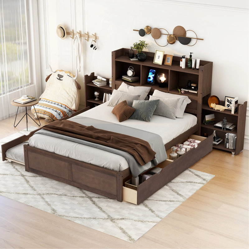 Lit plateforme double avec tablettes coulissantes, Espresso