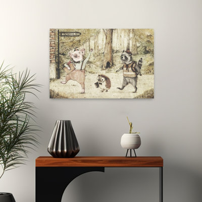 First Day In School Whimsical Abstract Contemporary Animal Forest Wall Art Print by Mike Koubou - Wrapped Canvas Print