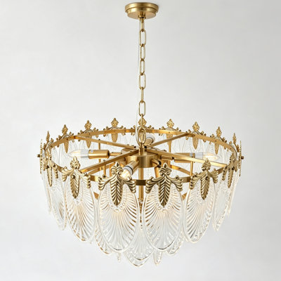 Lustre vintage 8 lumières ornées, luminaire suspendu en verre texturé plume transparente, 8 douilles E14 avec chaîne de suspension réglable, ampoules non incluses