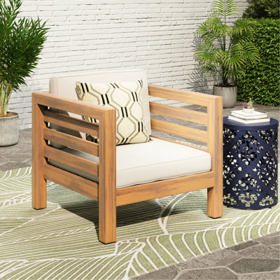 Fauteuil club beige - Bois et coussins imperméables confortables pour l'extérieur