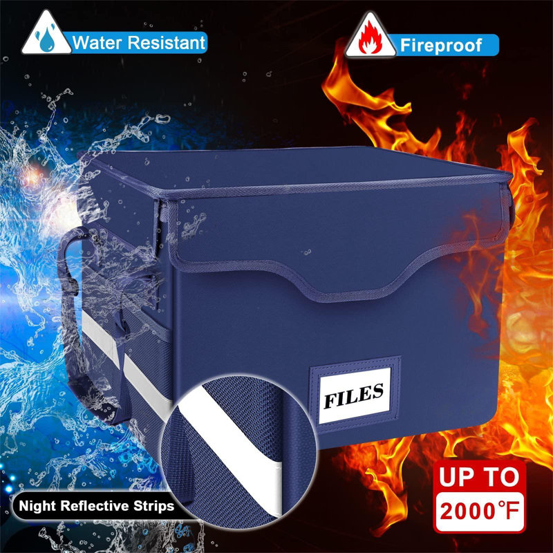 File Box Fireproof Document Box With Lock,File Storage Organizer Box With Insert Pocket,Collapsible Portable File Box Home Office File Cabinet With Handle For Hanging Letter/Legal Folder,Blue
