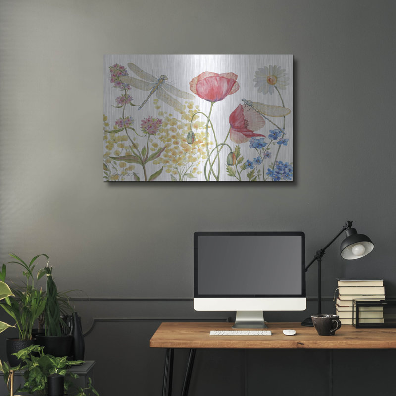 «Dragonfly Garden Delight B» par Jean Plout, art mural en métal, H 24 po x l 36 po