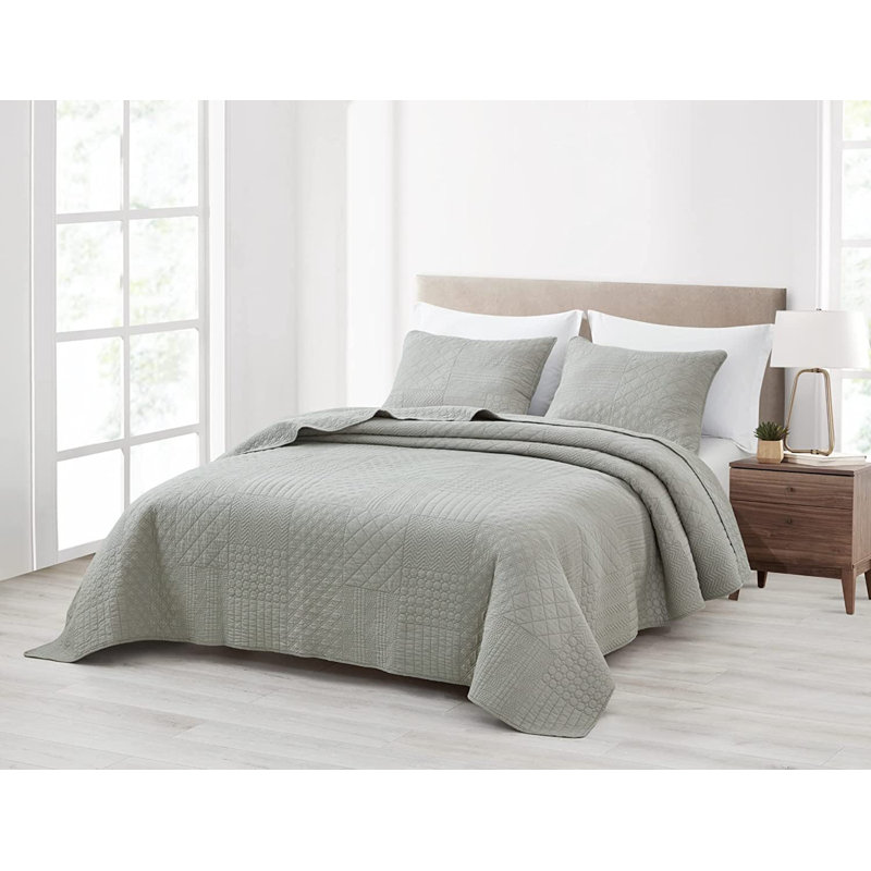 Motley Pre-Washed Cotton Classic Geometric Embroidered Quilt Set, Gray, King Quilt + 2 King Shams