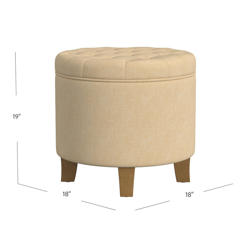 Round Button-Tufted Storage Ottoman, Light Tan Textured Woven